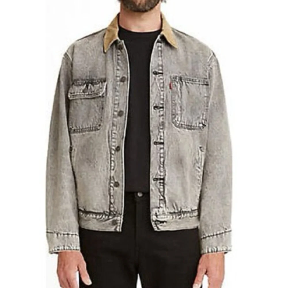 Levi's Washed Black Denim Trucker Jacket with Tan Collar - Picture 7 of 11